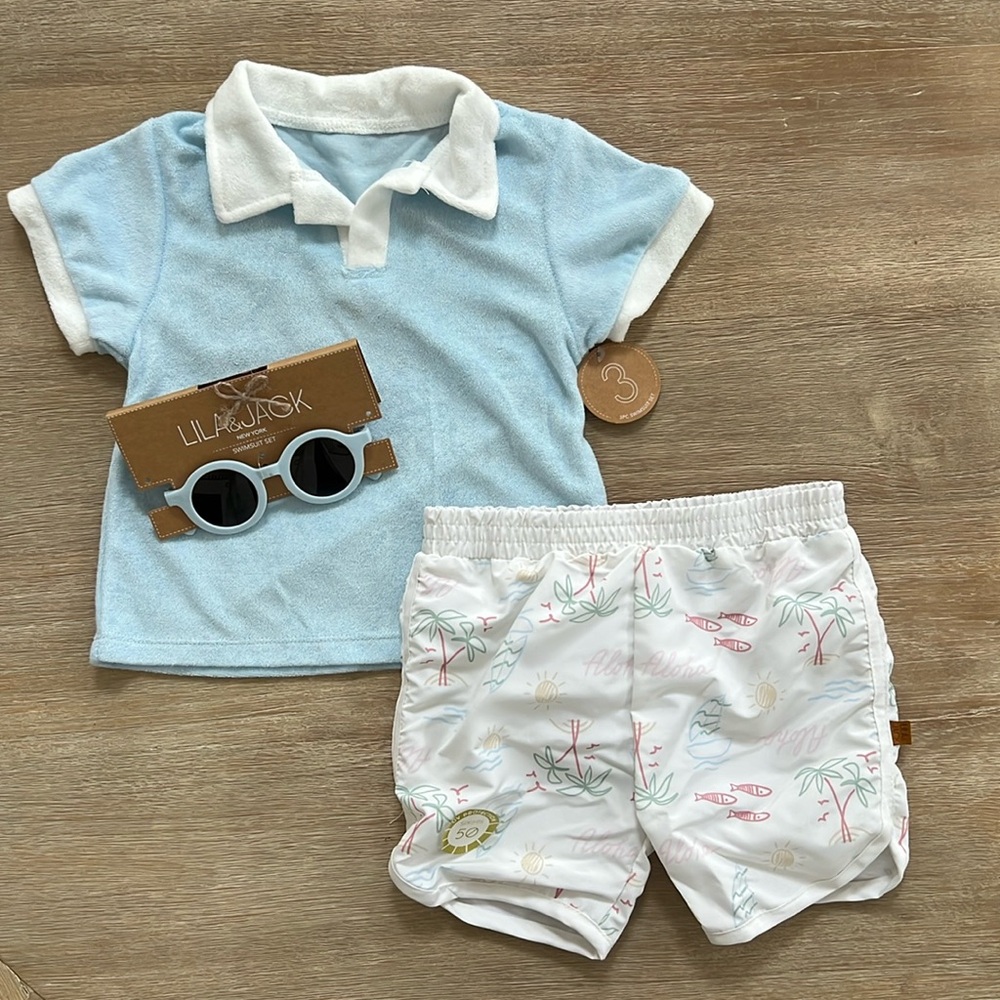 Lila & Jack Toddler Boy Swim 3 Piece Set Shirt Trunks Sunglasses 18 months 3T 4T